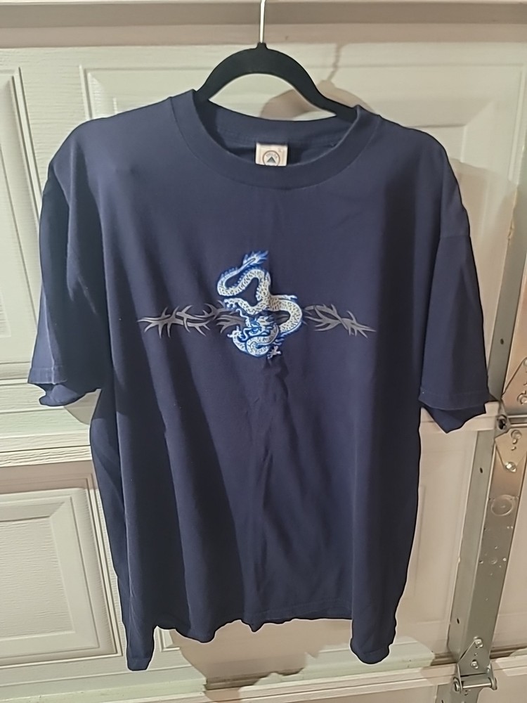 Vintage Y2K Tribal Dragon T Shirt Men’s Large Blue Jnco Style Silver Strand