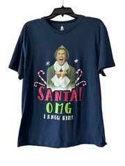 Elf Movie Santas Coming OMG I know Him Short Sleeve Crew Blue Shirt Size Large L