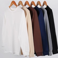 Mens Long Sleeve Henry Shirts Soild Color Heavy Cotton Retro Casual T-Shirts