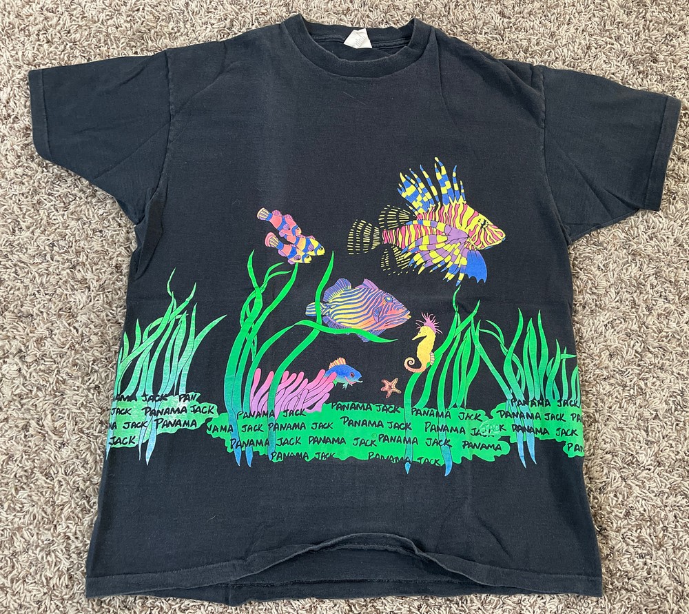 Vintage 80s 90s Panama Jack Coral Reef Fish Neon Single Stitch USA OSFA Shirt