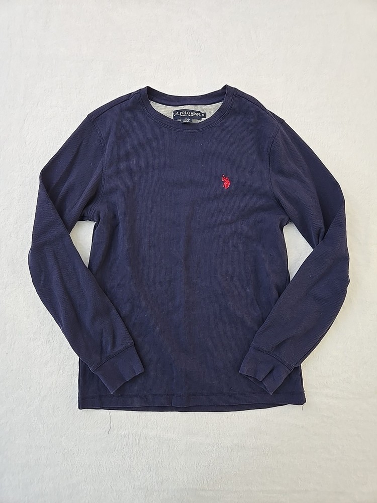 US Polo Assn Thermal Waffle Knit Shirt Mens Sz Medium Navy Blue Red Pony Preppy