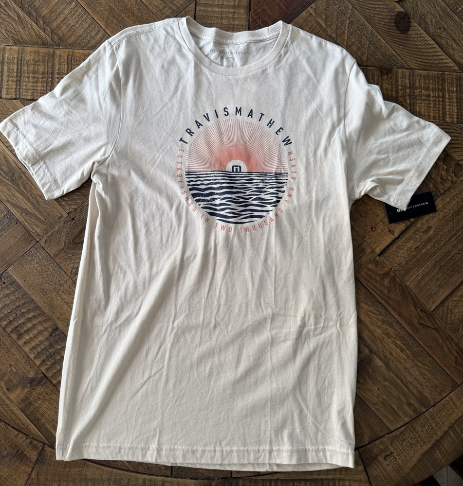 TravisMathew Beach Cities Men’s White Graphic Print Logo Crew Neck Tee M