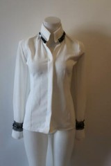 WOMENS CHRISTINA MAKOWSKY CREAM BLACK RHINESTONE COLLAR BLOUSE S *