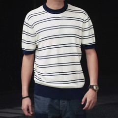 Men’s Retro Knitted Tencel Contrasting Horizontal Stripe Short Sleeved T-Shirt