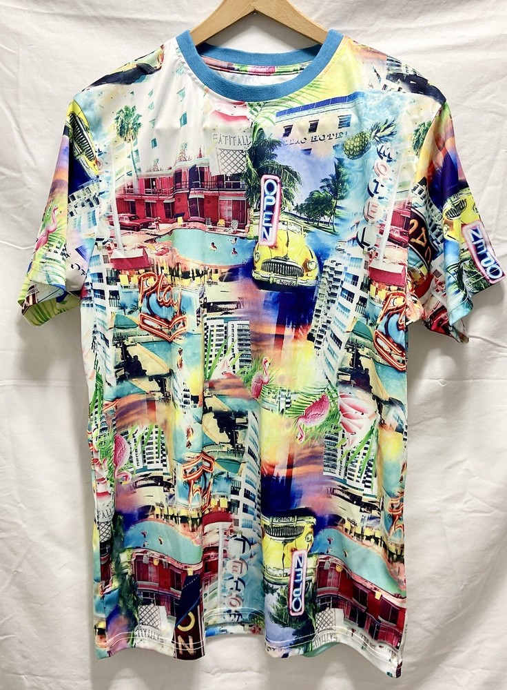 Surf Society Drill Cloth. Teal Blue Crew Neck Miami Retro Flamingo Men’s Size(L)