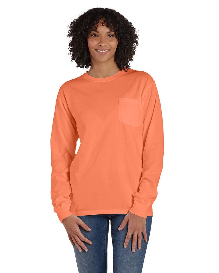 ComfortWash Hanes Unisex Garment-Dyed Long-Sleeve T-Shirt Pocket Orange size 3XL