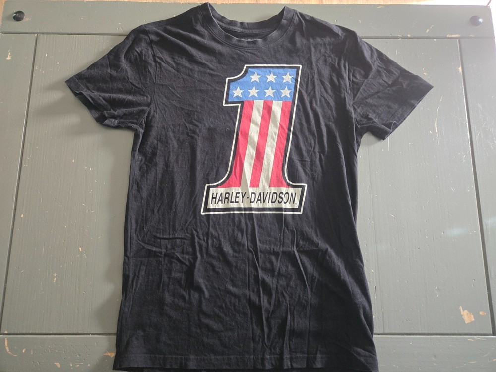 HARLEY DAVIDSON Number 1 USA Logo Flag Men’s Black Tshirt Size Medium