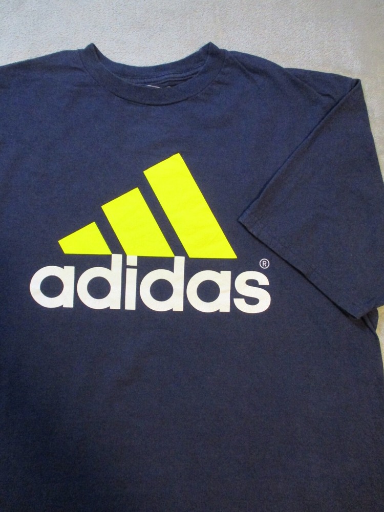 Vintage Adidas Shirt Mens XL Blue Yellow Triangle Logo Three Stipe Spell Out