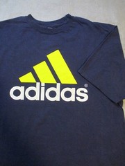 Vintage Adidas Shirt Mens XL Blue Yellow Triangle Logo Three Stipe Spell Out