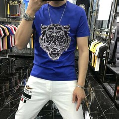 New Fashion Hot Drill Tiger Rhinestones Trend Cotton Summer Luxury Men T-Shirt