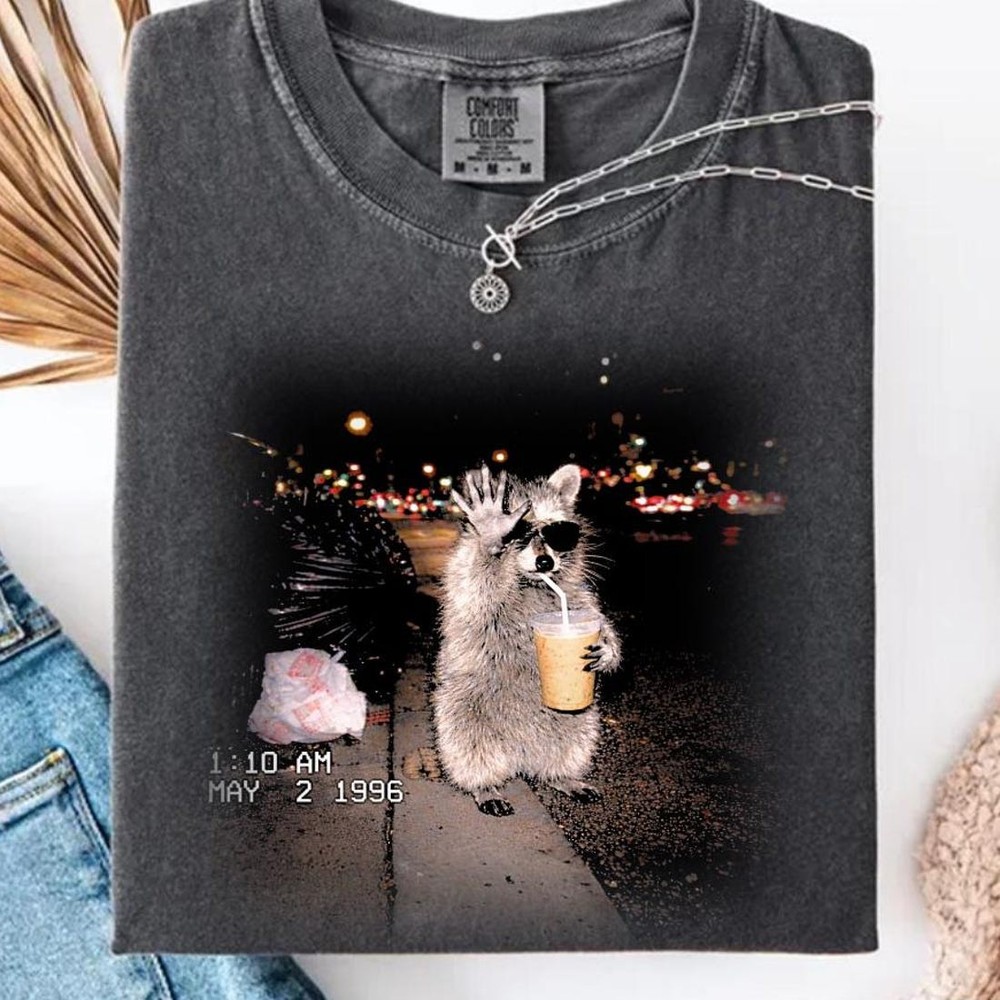 Raccoon Drinking Iced Coffee Shirt, Funny Animal Meme Tee, Coffee Lover