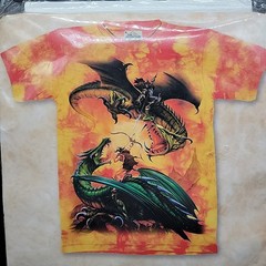 Size XL T-Shirt – Fantasy Art Dragon Duel Fight Orange Hand Dyed Tie Dye Bright