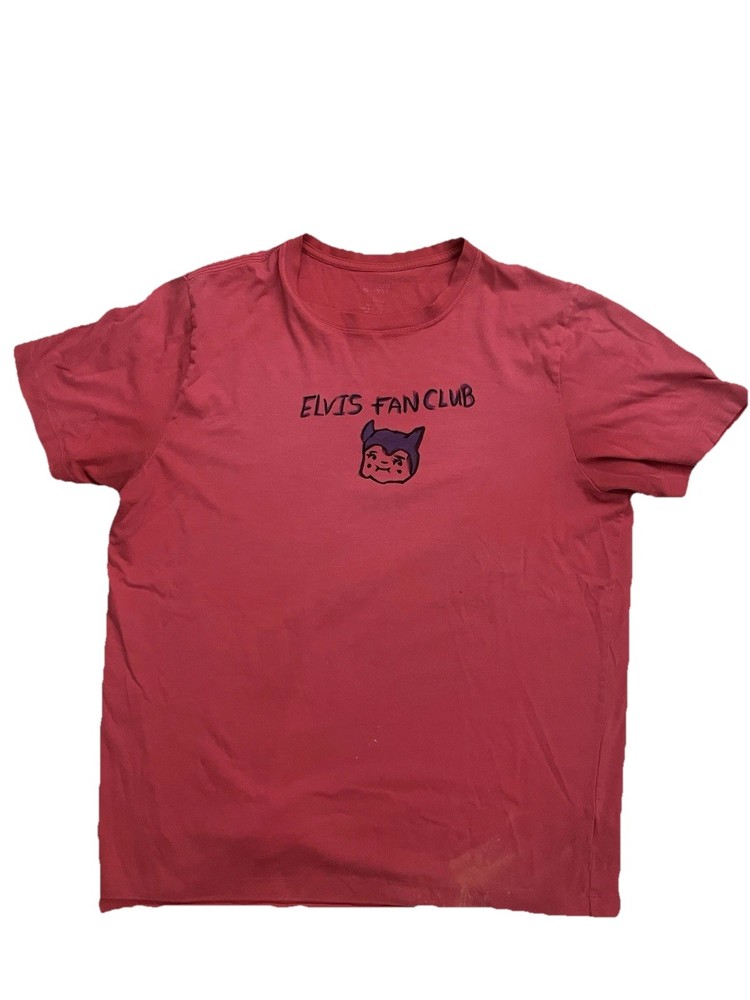 Vtg 90s Faded Bleached Men’s M Cropped Hand Painted Devil Elvis Fan Club Red