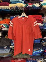 Striped Varsity Football V-Neck Shirt Mens medium Red Made USA Jersey Tee Top