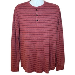 Marine Layer Mens M/L Double Knit Henley Shirt Red Striped Long Sleeve Pullover