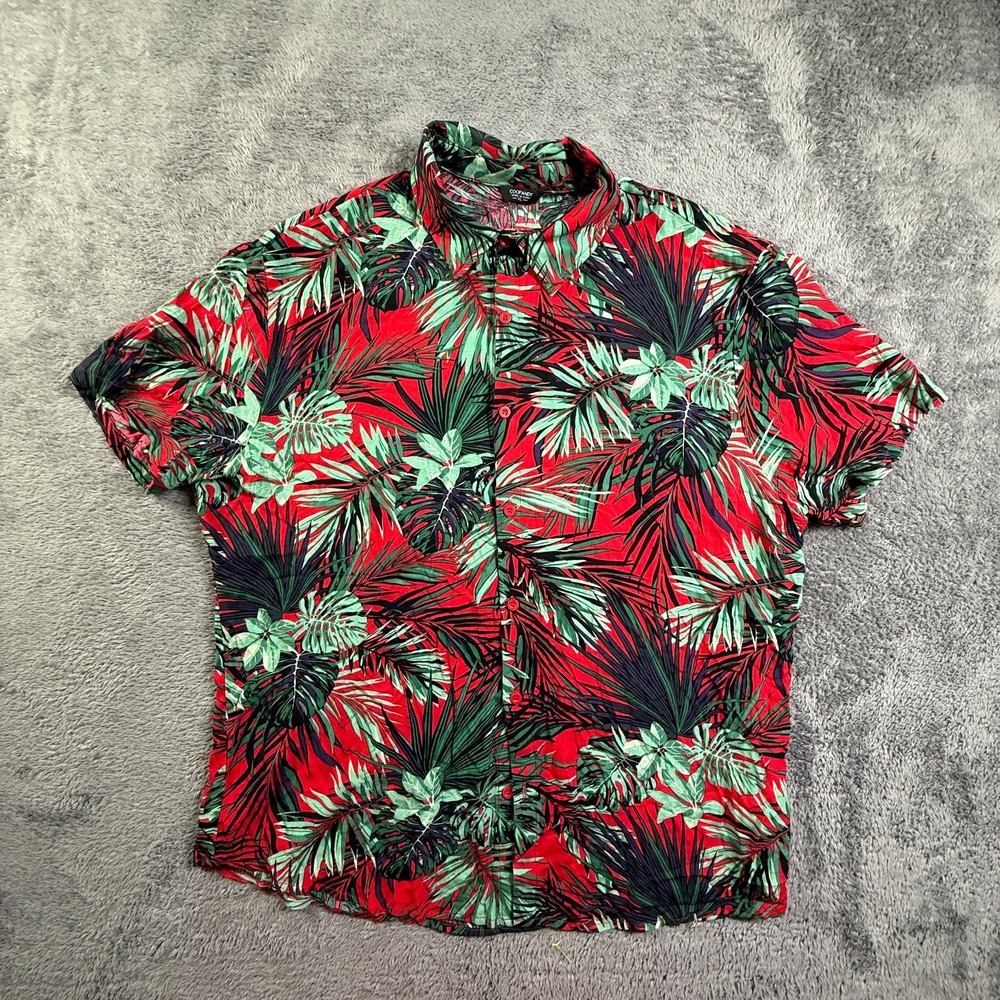 COOFANDY Men’s XL Hawaiian Button Up Shirt Red Green Tropical Floral Palm