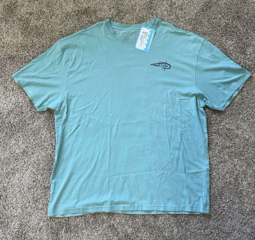NWT – Reel Life Fishing T Shirt Green Double Sided Logo Size 2XL