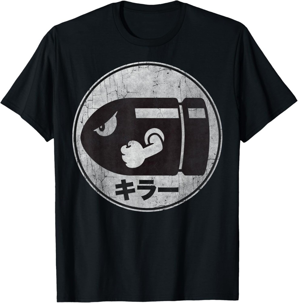 Super Mario Bullet Bill T-Shirt – Distressed Kanji Logo Tee for Retro Gamers