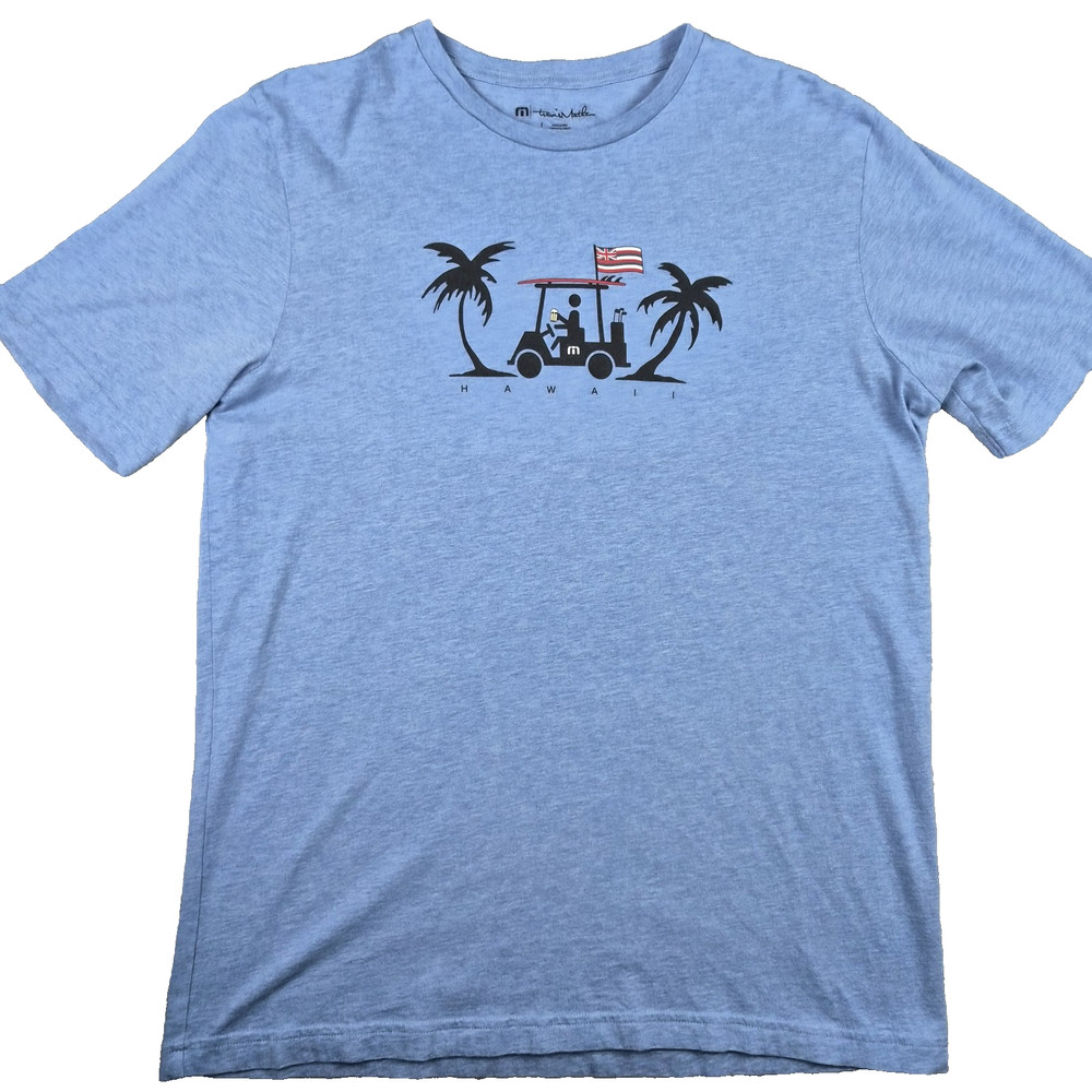 Travis Mathew T Shirt Mens L Blue Hawaii Flag Golf Cart Graphic Tee Tagless Pima