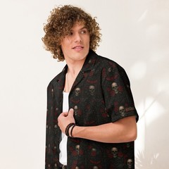 Crimson Mourning Button-Up Shirt Dark Resort Wear Occult Horror Skull Shirt