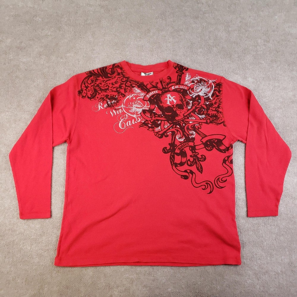 Avirex Shirt Mens 2XL Red Thermal Waffle Knit Long Sleeve Graphic Skull