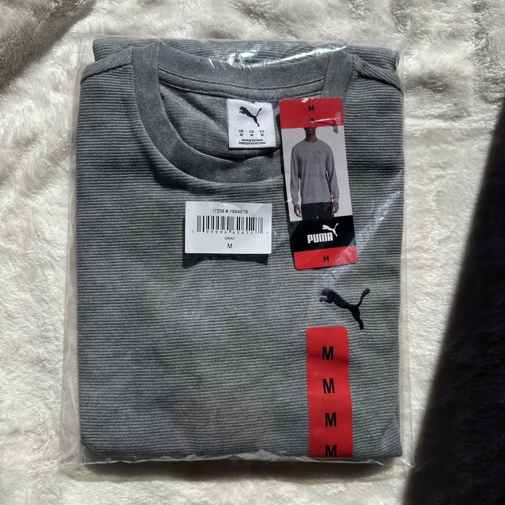 PUMA Men’s Waffle Knit Thermal Shirt Gray Long Sleeve Crew Neck Size M NEW