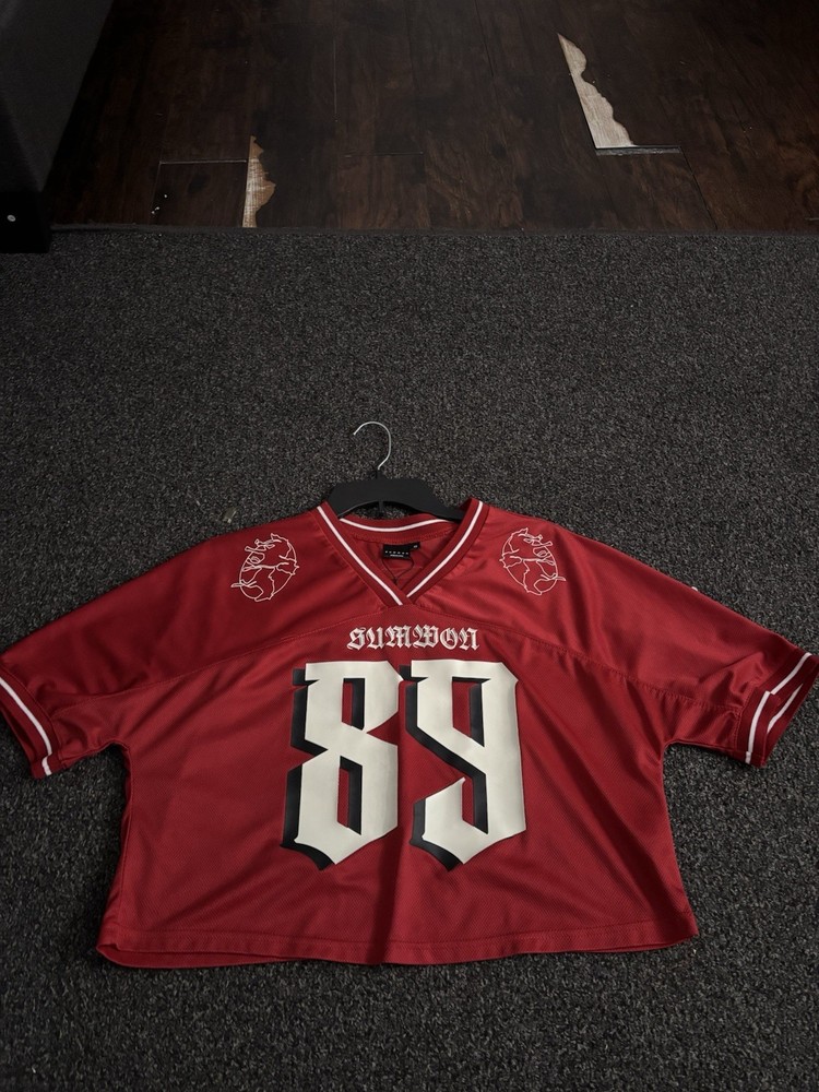 Bum W Men’s Red Jersey T-Shirt V-Neck Short Sleeve Mesh Embroidered 89 XS