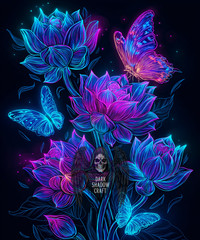 Cyberpunk Floral Fusion – Neon Lotus, Roses & Holographic Butterflies