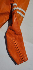 Vtg Bates Leather Motorcycle Racing Jacket Harley Orange w Stripes 1960’s L Cafe