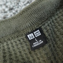 Uniqlo Shirt Mens L Green Waffle Knit Thermal Henley Long Sleeve Outdoor Casual