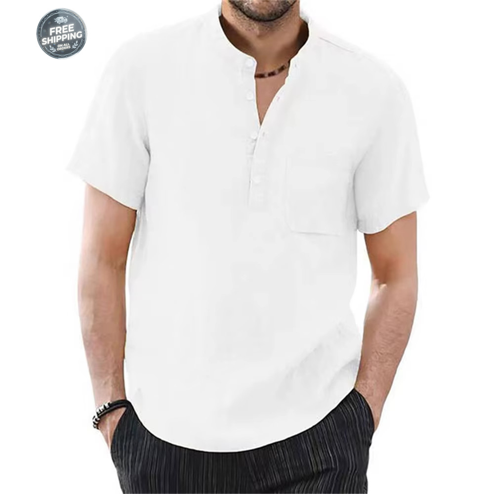 Men’s Cotton Linen Short Sleeve Casual Shirt Breathable Summer T-shirt Tee Gift