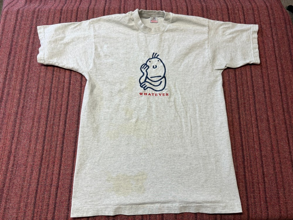 MENS USED VINTAGE 90S SINGLE STITCH WHATEVER NOVELTY SHIRT GRAY SIZE LARGE