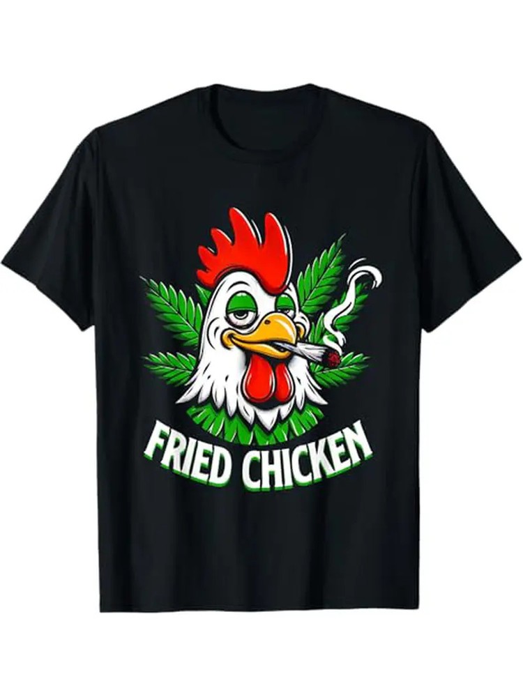 1pc Men’S Cotton T-Shirt with Fried Chicken and Weed Leaf Print, Casual Round Ne