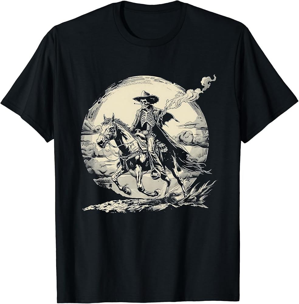 Skeleton Horse Rider Western Graphic Tee Cowboy Rodeo Saloon T-Shirt