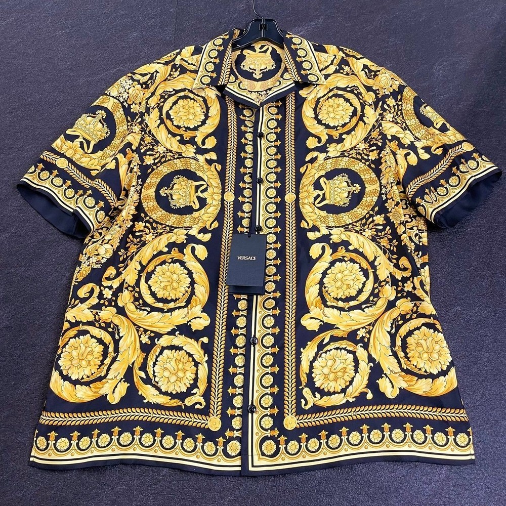 VERSACE Printed Silk Twill Shirt Men’s Size L Gold/Black