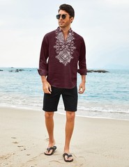 Men’s Casual Henley Shirt Mid Sleeve Shirt Summer Zipper T-Shirt (Dark Red,M)