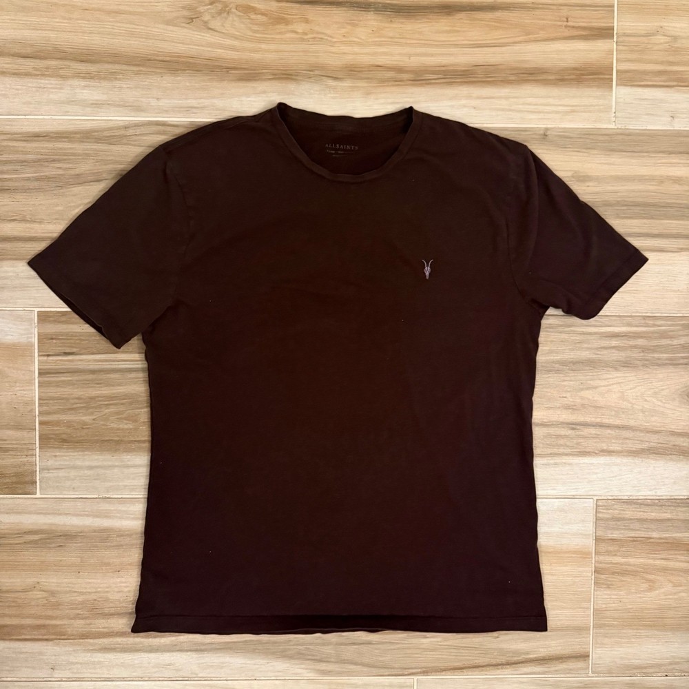 AllSaints Brace Tonic Crew T-Shirt Mens XL Brown Cotton Ramskull Logo MD131G