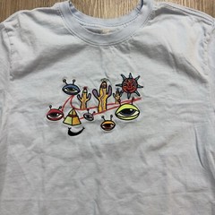 Nike T-Shirt Mens Small Blue Alien Eyes Graphic Swoosh Trippy Cactus Pyramid