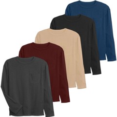 Mens Long Sleeve T-Shirt Plain Crew Round Neck Casual 100% Cotton Pocket Tee Top