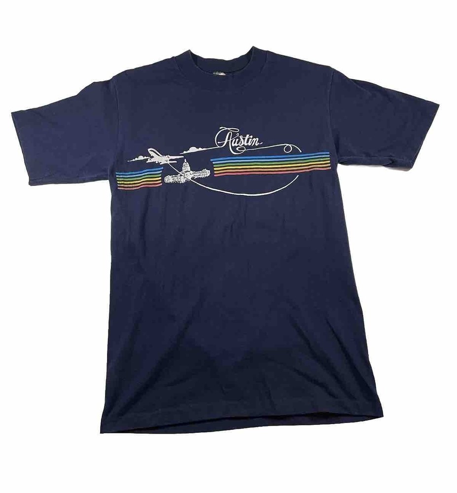 Vtg 70s Austin Velva Sheen Shirt M Fits Smaller Blue Rainbow Graphic Spell Out