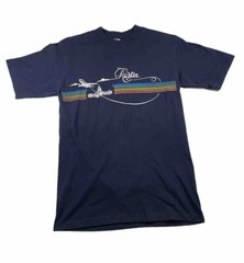 Vtg 70s Austin Velva Sheen Shirt M Fits Smaller Blue Rainbow Graphic Spell Out