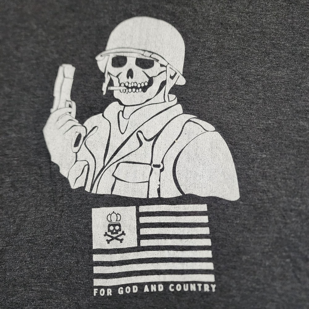 Kickin Brass For God And Country Skull Soldier Gray T-Shirt Men’s XL