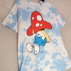 SMURFS Tie Dye SHIRT Mens Medium Blue White Mushroom Casual Animation NWT