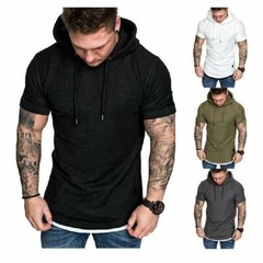 Men’s Hooded Short Sleeve Sporty T-Shirt Slim Gym Muscle Tee Hoodie Tops Blouses