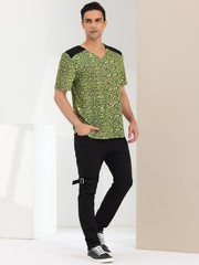 Men’s V Neck Animal Print Short Sleeves T-Shirt Tops Green Black S