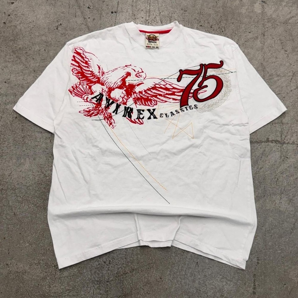 Vintage Y2K Avirex Eagle #75 Embroidered Grunge Tshirt XL White Hip Hop Skater