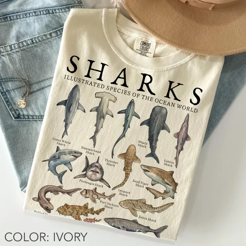 Vintage Shark Species T-Shirt Marine Biology Graphic Tee Ocean Lover Nature Gift