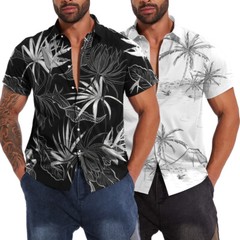Button Down Shirts Men Black White Hawaiian Dress Short Sleeve Party Up Soft Tee