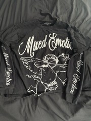 Mixed Emotion Men’s XL Black Knit Crew Neck Long Sleeve Angel Rhinestone Tee