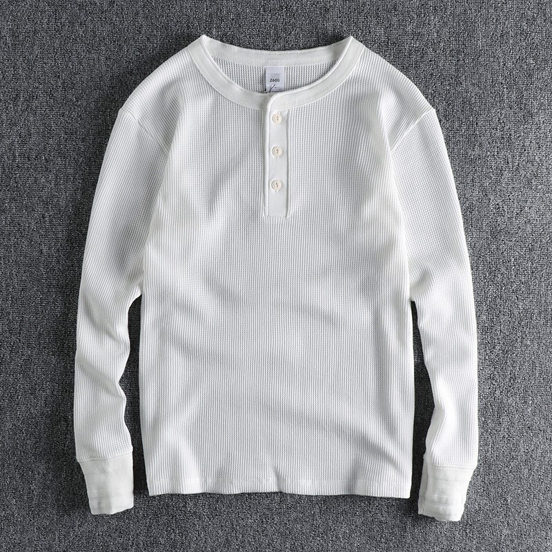Retro Thread Cuff Knitted Waffle T-Shirt Men’s Long Sleeve Henry Collar Shirt
